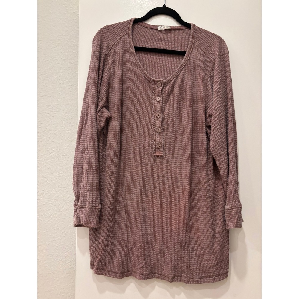 NWOT Free People Intimately Waffle Knit Henley Top Mauve Rose Large Boho Thermal